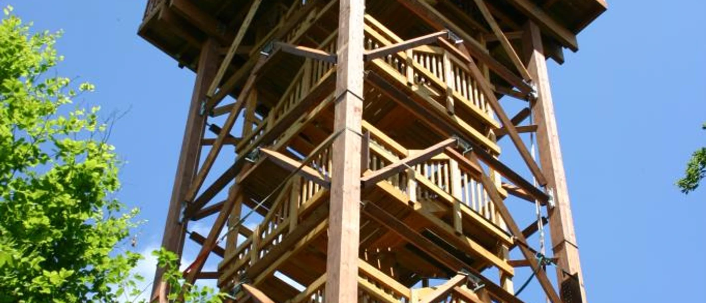 Vörden, Aussichtsturm Hungerberg Holzaussichtsturm auf dem Hungerberg, umgeben von grünen Bäumen, ragt vor blauem Himmel empor.