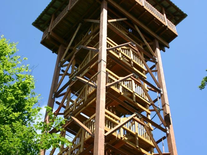 Vörden, Aussichtsturm Hungerberg Holzaussichtsturm auf dem Hungerberg, umgeben von grünen Bäumen, ragt vor blauem Himmel empor.