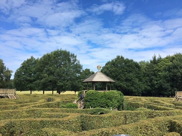 Labyrinth Blick über die Hecken eines Labyrinths mit einer Aussichtsplattform in seiner Mitte und Bäumen drum herum.