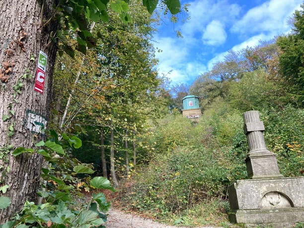 Aussichtspunkt Kaffeemühle, im Vordergrund ist das Hagedorndenkmal zu sehen Ein mit herbstlichen Blättern gesäumter Waldweg führt zu einem gemauerten Turm im Hintergrund.