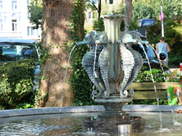 Burtscheid Seepferdchenbrunnen Ein symmetrischer Brunnen mit Seepferdchen aus Bronze, die Wasser speien, in einem Park mit einem Baum unter einer Holzbank darunter.
