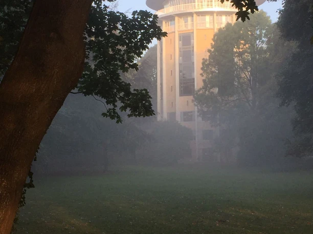 Wasserturm im Nebel Hinter einer Wiese zwischen dichten Bäumen steht ein breiter Turm im Nebel bei schwachem Tagesicht.