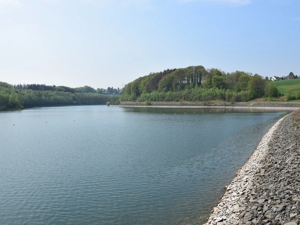 Wuppertalsperre Weitläufiger Stausee mit dicht bewaldeten Ufern unter klarem, blauem Himmel in einer ruhigen Landschaft.