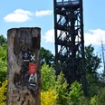 Aussichtsturm Auf dem Knollen Der Aussichtsturm im Wald mit markiertem Baumstamm und sonnigem Himmel.