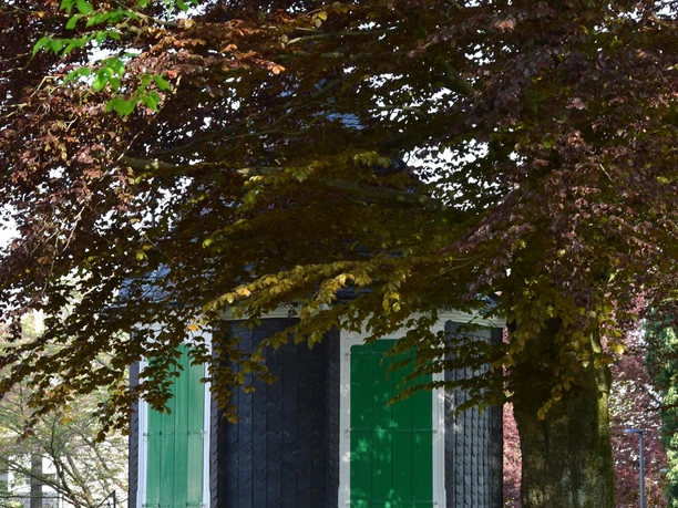 Historisches Gartenhaus Kleines, historisches Fachwerkhaus mit grünen Fensterläden unter einem Baum in Radevormwald.