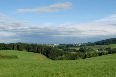 Ausblick von Hohkeppel.JPG Sanfte grüne Hügel mit Waldstreifen und verstreuten Dörfern unter blauem Himmel mit Wolkenformationen.