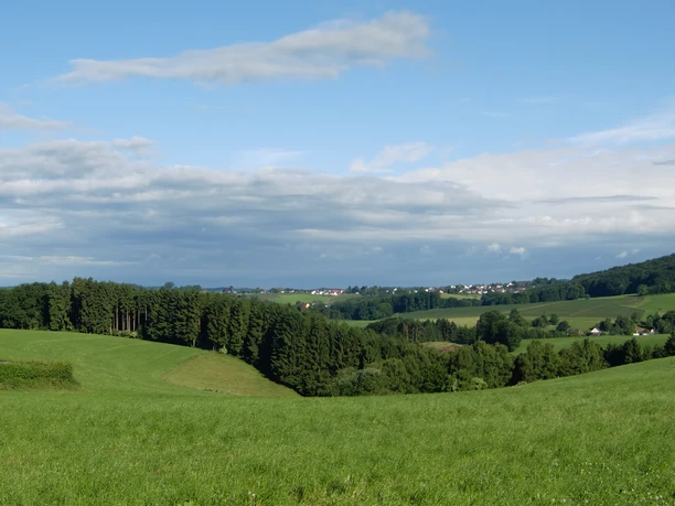 Ausblick von Hohkeppel.JPG Sanfte grüne Hügel mit Waldstreifen und verstreuten Dörfern unter blauem Himmel mit Wolkenformationen.