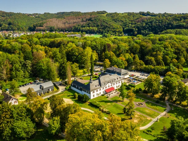 Schloss Auel Luftaufnahme eines historischen Herrenhauses umgeben von dichten Wäldern und gepflegten Grünflächen.