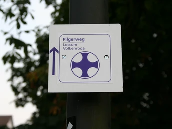 Markierung Pilgerweg Loccum-Volkenroda Ein Wegweiser kennzeichnet den Pilgerweg Loccum-Volkenroda, umrahmt von Blättern im Hintergrund.