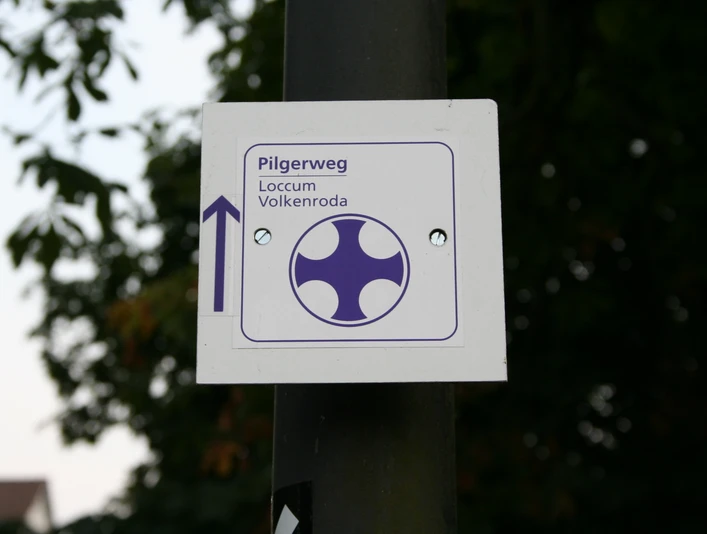 Markierung Pilgerweg Loccum-Volkenroda Ein Wegweiser kennzeichnet den Pilgerweg Loccum-Volkenroda, umrahmt von Blättern im Hintergrund.A signpost marks the Loccum-Volkenroda pilgrimage route, framed by leaves in the background.Et skilt markerer pilgrimsruten Loccum-Volkenroda, indrammet af blade i baggrunden.Een wegwijzer markeert de pelgrimsroute Loccum-Volkenroda, omlijst door bladeren op de achtergrond.