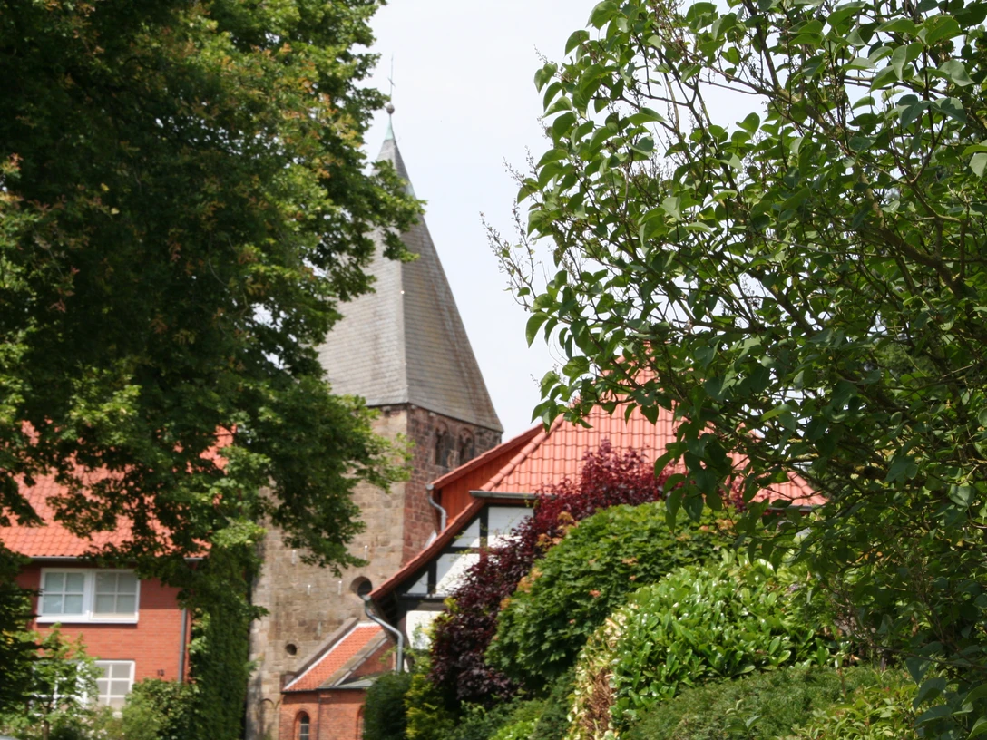 St. Clemenskirche Marklohe Ein Kirchturm ragt zwischen üppigen Bäumen hervor, umgeben von roten Ziegeldächern in ländlicher Kulisse.