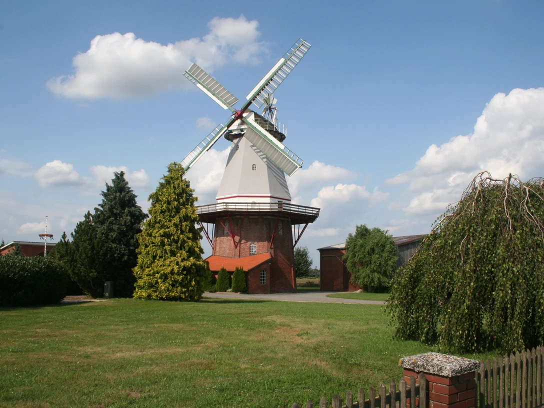 Historische Windmühle umgeben von grüner Wiese und Bäumen, blauer Himmel mit weißen Wolken im Hintergrund.