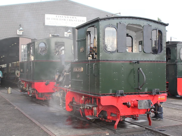Museums-Eisenbahn Bruchhausen-Vilsen Zwei grüne historische Dampflokomotiven stehen dampfend vor einem Schuppen der Museums-Eisenbahn.
