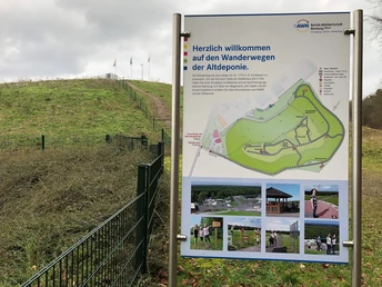 Willkommensschild an einem beliebten Wanderweg mit einer Karte und Abbildungen der Umgebung.