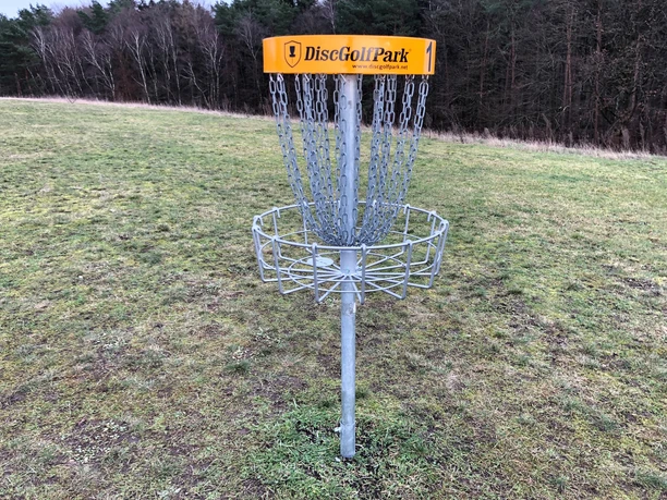 Een disc golf keten op een open weide, omringd door bomen aan de horizon.
