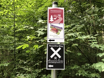 Beschilderung im Wald zeigt Promenadenweg und Roswitha-Weg, umgeben von dichtem grünen Laub.