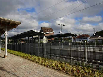 Bahnhof Lage Bahnhof mit überdachten Gleisen, Uhren, umliegenden Gebäuden, bepflanzter Fläche und blauem Himmel.