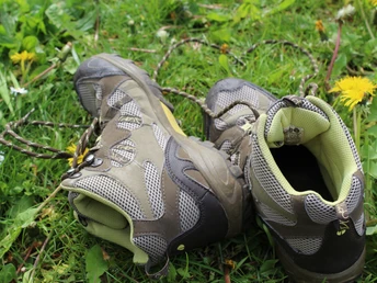 Wandern Ein Paar robuste Wanderschuhe liegt auf einer Blumenwiese mit Gänseblümchen und Löwenzahn verstreut.