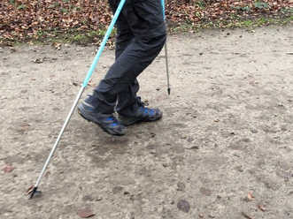 A Nordic walking enthusiast walks along a path covered in fall leaves with trekking poles.