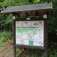 Holztafel mit Informationskarte und Sponsorenlogos im Wald, umgeben von grünem Blattwerk und Unterholz.