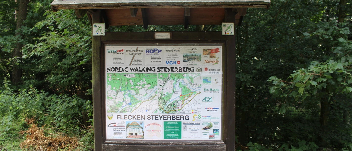 Nordic Walking Steyerberg Eine Informationstafel mit Übersichtsplan und Sponsorlogos steht in einem grünen Waldgebiet.