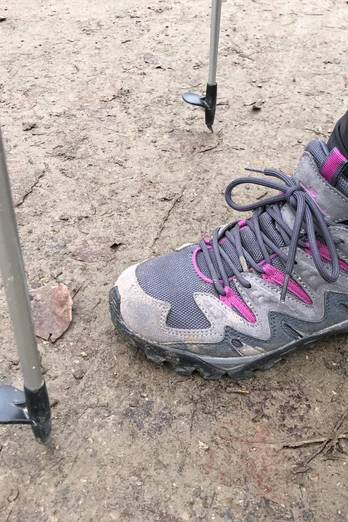 Nordic Walking Ein Wanderschuh tritt mit zwei Nordic Walking-Stöcken auf einem unbefestigten Waldweg auf.