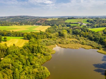 Herrenteich Weitläufige Landschaft mit Feldern und einem See, umgeben von üppigen Wäldern unter blauem Himmel.