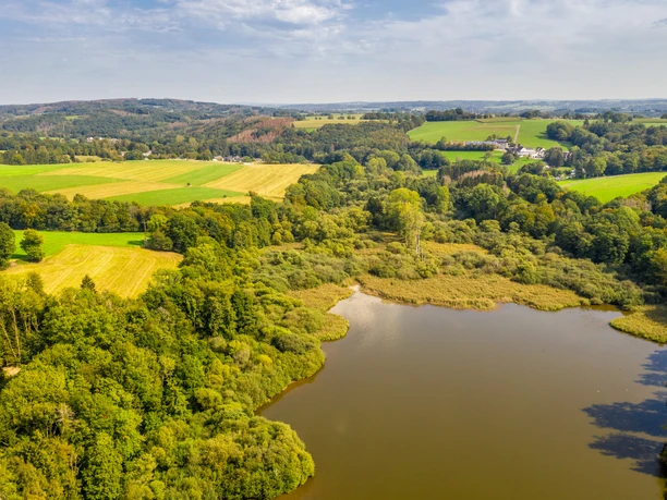 Herrenteich Weitläufige Landschaft mit Feldern und einem See, umgeben von üppigen Wäldern unter blauem Himmel.