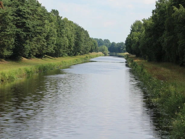Brede rivierloop, omgeven door dichte bossen en groene weiden onder een blauwe hemel in Nedersaksen.