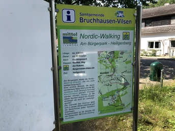 Informationstafel in Bruchhausen-Vilsen zeigt Nordic-Walking-Route durch Bürgerpark Richtung Heiligenberg.