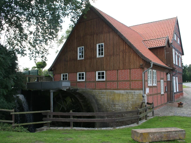 Historische watermolen met rode bakstenen gevel en waterrad, omringd door groene bomen.