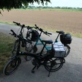 Räder Drei E-Bikes stehen auf einem Feldweg neben einem Baum, mit weitem Ackerland im Hintergrund.