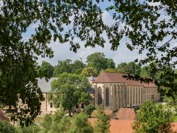 Kloster Dalheim in ländlicher Landschaft, umgeben von Bäumen, mit historischem Gebäudekomplex.