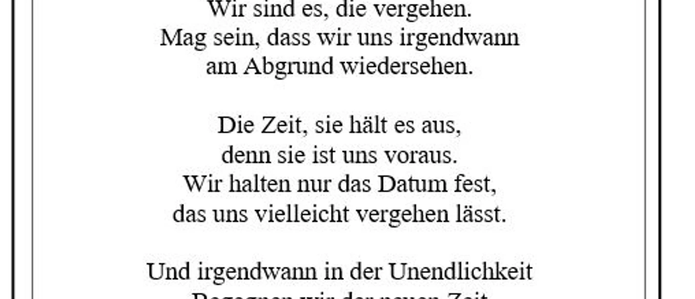 07 - Zeit - Ingrid Hartung Tafel mit dem Gedicht "Zeit" von Ingrid Hartung, Teil des Literarischen Wanderwegs im Garten der Poesie in Lage.
