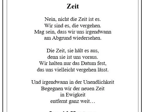 07 - Zeit - Ingrid Hartung Tafel mit dem Gedicht "Zeit" von Ingrid Hartung, Teil des Literarischen Wanderwegs im Garten der Poesie in Lage.