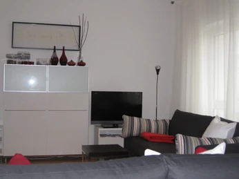 Ferienwohnung Hofen. Wohnlandschaft Moderne Wohnlandschaft mit grauem Sofa, rotem Deko-Set und flachem TV auf hellem Holzboden.