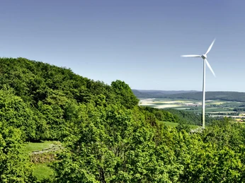 Blick von der Aussichtsplattform Richtung Osten Weitläufige Aussicht über grüne Wälder und Felder, mit einem Windrad am Horizont unter blauem Himmel.