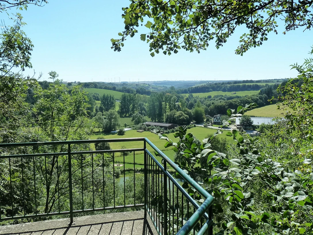 Blick vom Teufelstein über das Altenautal Aussichtspunkt mit Geländer überblickt grünes Altenautal, umgeben von Bäumen und sanften Hügeln.