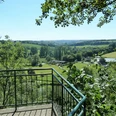Blick vom Teufelstein über das Altenautal Aussichtspunkt mit Geländer überblickt grünes Altenautal, umgeben von Bäumen und sanften Hügeln.