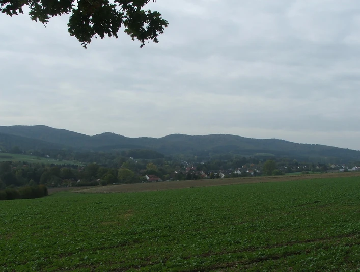 Blick auf Hörste Weite Felder und sanfte Hügel unter wolkigem Himmel, mit vereinzelten Dörfern in der Ferne.