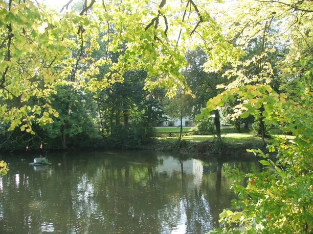 Gut Stapelage Über eine friedliche Teichlandschaft ragt das Grün der Bäume, gesäumt von ruhigen Spiegelungen.
