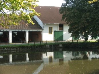 Gut Stapelage Gut Stapelage liegt an einem Teich, umgeben von Bäumen. Die Gebäude haben rote Ziegeldächer.