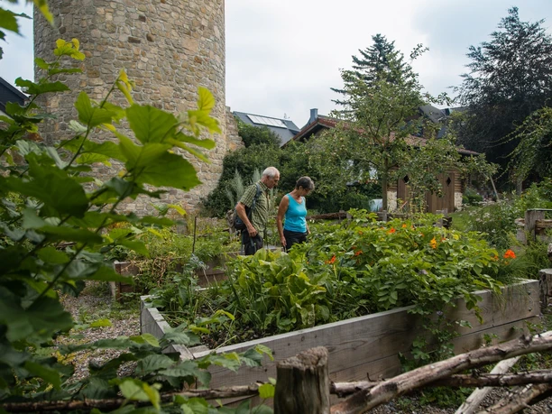 Kräutergarten am Wehrturm Bad Wünnenberg Zwei Personen betrachten Pflanzen im Hochbeet eines gepflegten Kräutergartens vor einem alten Wehrturm.