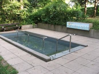 Kneipptretbecken Kneipptretbecken umgeben von Bäumen, mit Haltestangen und Steinboden für eine erfrischende Pause.