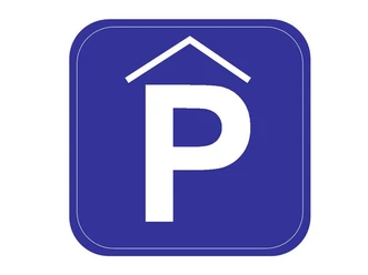 Parkhaus Bachstraße Weißes P mit Dach auf blauem Untergrund