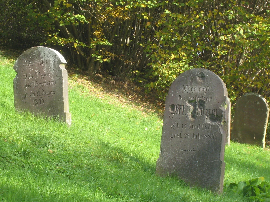 Alte Sandsteingrabsteine auf einer Rasenfläche