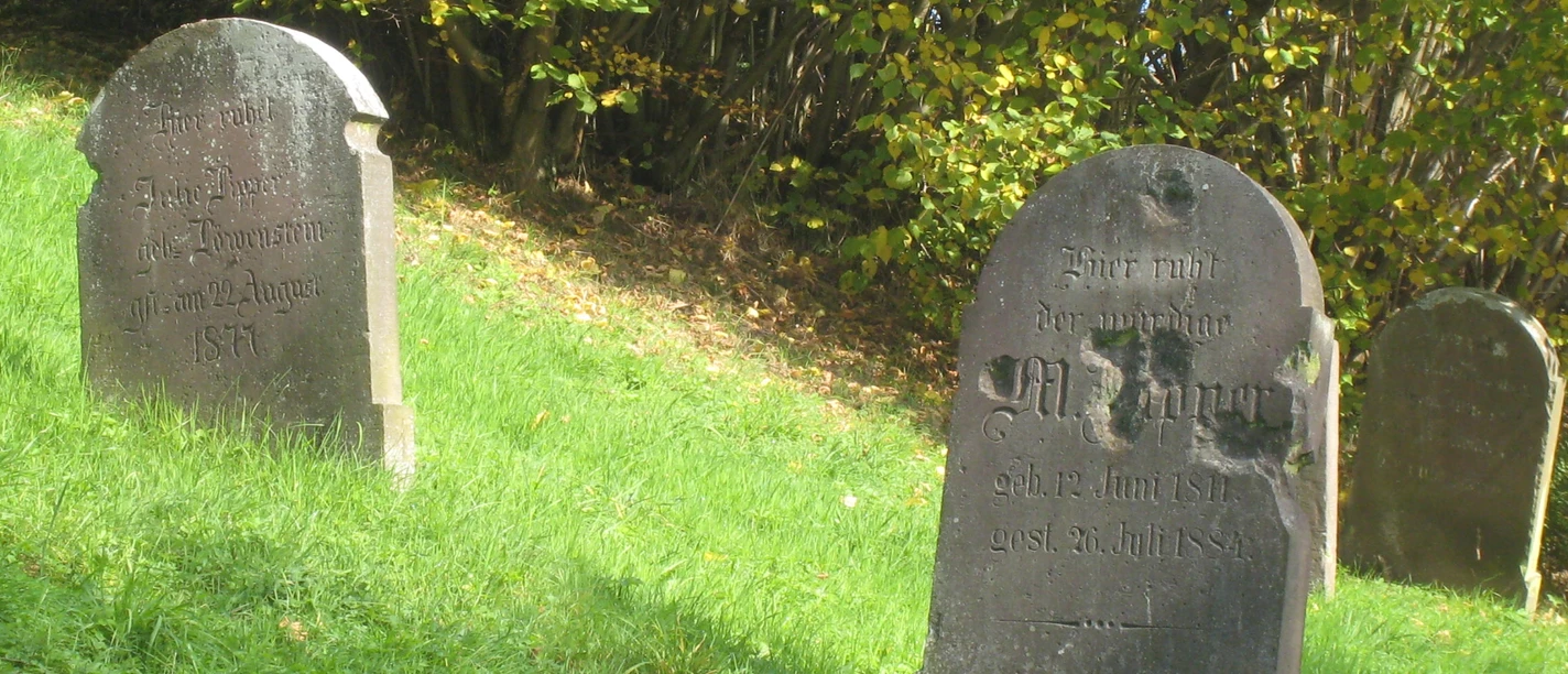 Ehemaliger jüdischer Friedhof Alte Sandsteingrabsteine auf einer Rasenfläche