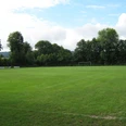 Grüner Sportplatz in Bad Holzhausen, umgeben von Bäumen und hellem Himmel, geeignet für Fußball.