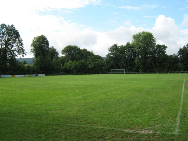 Grüner Sportplatz in Bad Holzhausen, umgeben von Bäumen und hellem Himmel, geeignet für Fußball.