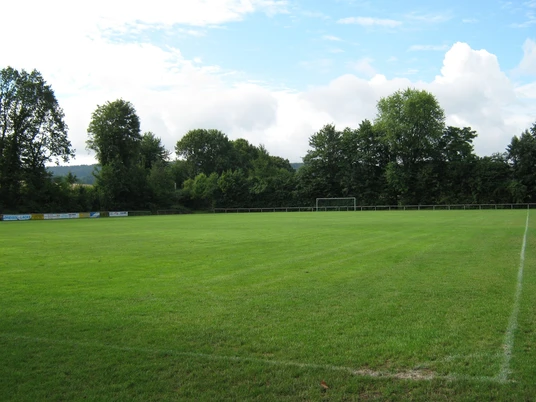 Sportplatz in Bad Holzhausen Grüner Sportplatz in Bad Holzhausen, umgeben von Bäumen und hellem Himmel, geeignet für Fußball.